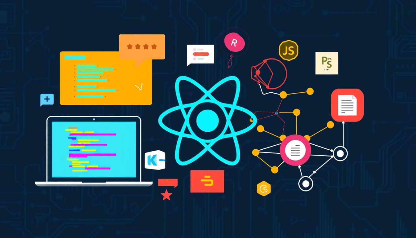 A visually engaging collage representing essential skills for learning React JS, including vibrant elements such as code snippets, colorful components like buttons and forms, a laptop displaying a user interface, interconnected nodes symbolizing state management, and icons representing JavaScript and libraries like Redux, all set against a