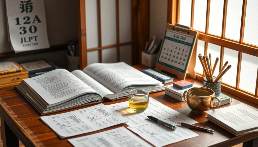 A serene study space featuring a traditional Japanese wooden desk with open textbooks and exam papers scattered around, a cup of green tea steaming nearby, a calendar marking the JLPT exam date in the background, soft natural lighting filtering through a shoji screen, and school supplies neatly organized.
