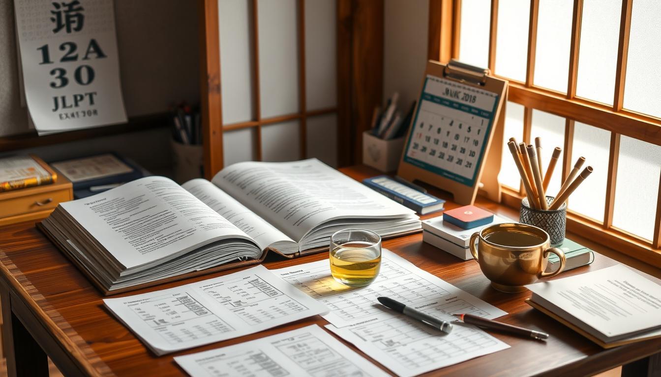 A serene study space featuring a traditional Japanese wooden desk with open textbooks and exam papers scattered around, a cup of green tea steaming nearby, a calendar marking the JLPT exam date in the background, soft natural lighting filtering through a shoji screen, and school supplies neatly organized.