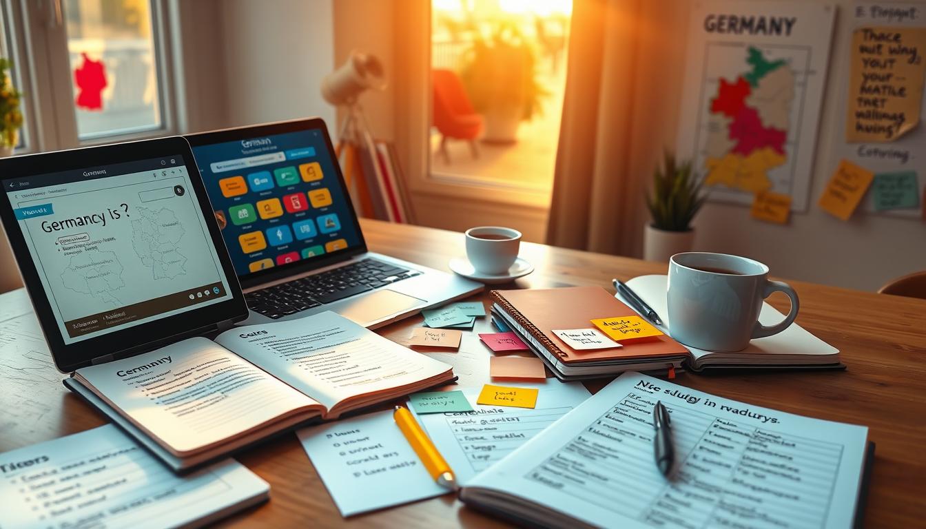 A vibrant study scene featuring a modern workspace with a laptop displaying a German learning app, notebooks filled with notes and vocabulary, colorful flashcards spread across the table, a map of Germany on the wall, a cup of coffee, and motivational quotes illustrated on sticky notes around the area, all bathed in warm sunlight streaming through a window.