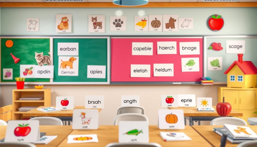A vibrant classroom scene filled with colorful flashcards featuring basic German words, surrounded by engaging visuals of everyday objects like a cat, dog, apple, and house, all set against a bright and cheerful backdrop.